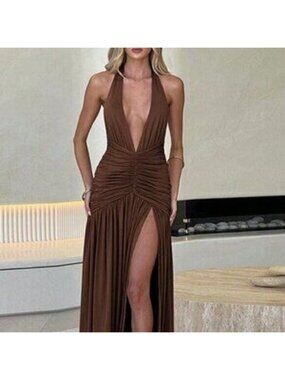 Brown Elegant Women's Halter V-Neck Long Dress